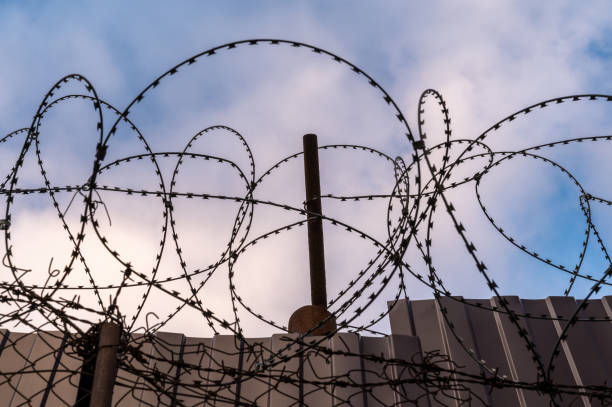 istock Barbed wire against the blue sunset sky 2183007742