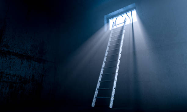 istock Ladder leading to freedom through barred window opening 2183010500