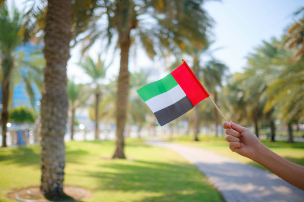 istock female hand holding tiny flag of UAE 2183022320