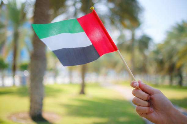 istock female hand holding tiny flag of UAE 2183022328
