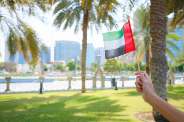 istock female hand holding tiny flag of UAE 2183022340
