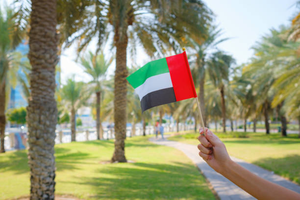 istock female hand holding tiny flag of UAE 2183022440