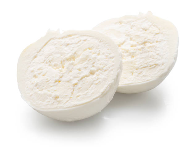 istock Ball of burrata cheese cut in half with stracciatella and clotted cream inside on white background. File clipping path. 2183023518