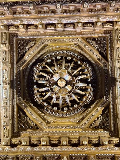 istock Beautiful wooden carving work on the roof 2183024391