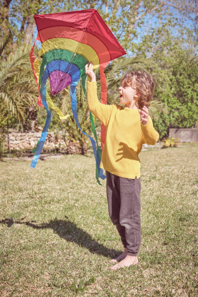 istock Excited boy with colorful kite on lawn 2183030309