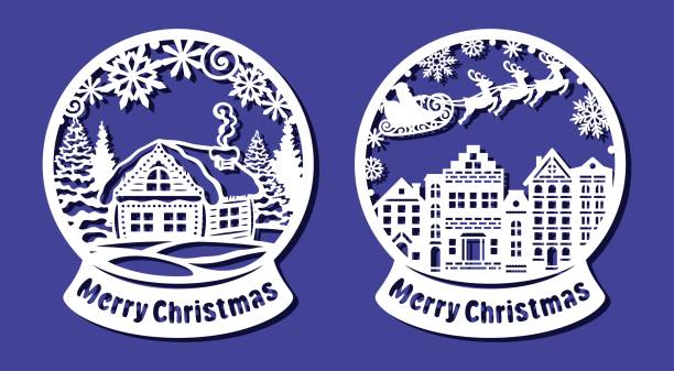 Set of snow globes. Round decorations on a stand with houses, fir trees, snow, Santa Claus, deer. New Year's theme. Vector template for plotter laser cutting of paper, wood carving, metal engraving. snow globe empty silhouette stock illustrations