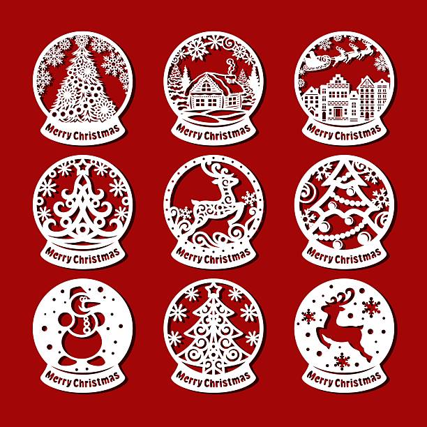 Set of snow globes. Round decorations on a stand with houses, fir trees, snow, Santa Claus, deer. New Year's theme. Vector template for plotter laser cutting of paper, wood carving, metal engraving. snow globe empty silhouette stock illustrations