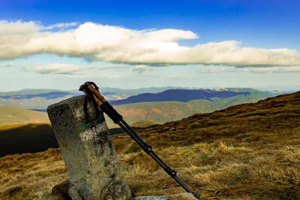 Hiking in the mountains with a backpack in summer, mountain landscape.