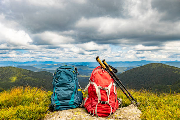 istock Hiking in the mountains with a backpack and walking poles, beautiful scenery. 2183039701