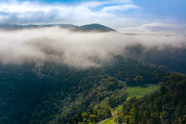Mountain peak with trees and fog around with blue sky in Sau swanp, Barcelona