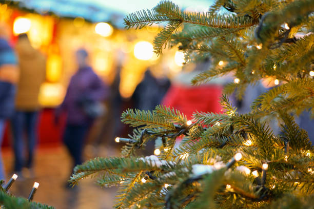 istock Festive Evergreen Tree at Christmas Market 2183048934
