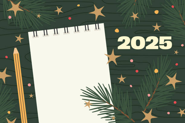 istock 2025 New Year planning concept;  flat lay composition on wooden desk with empty notebook, fir branches, colorful dots and stars 2183049360