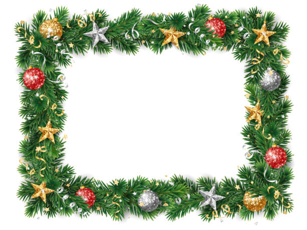 istock Christmas square wreath with red and gold glitter ornaments. Christmas tree decoration. Holiday fir tree garland. Festive winter season frame, spruce branches. Transparent background in vector file. 2183055205