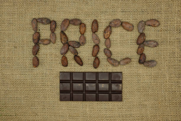 Chocolate Bar and Word Price from Cocoa Beans. Jute Fabrick Background. Top View.