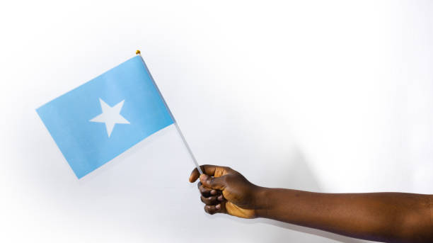 Outstretch Black African Hand  holding Somalia flag over white background. Somali
