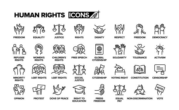 Human rights line icon set. Group of object. Freedom, equality, justice, respect, democracy.