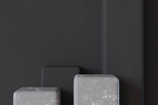 istock Minimalistic concrete podiums group on dark background. Mock up for product presentation. Pedestal or platform. Empty scene. Stage, display, showcase. Copy space. Advertising, merchandise. 3D render. 2183067805