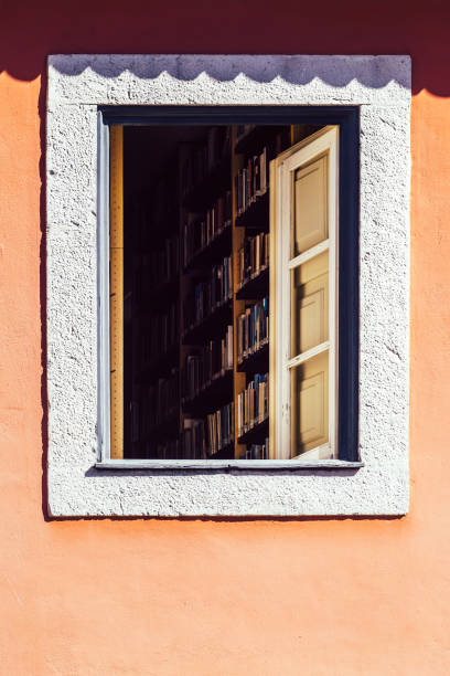 The open window reveals a well-stocked library filled with books. Sunlight pours in, creating a warm and inviting atmosphere for readers