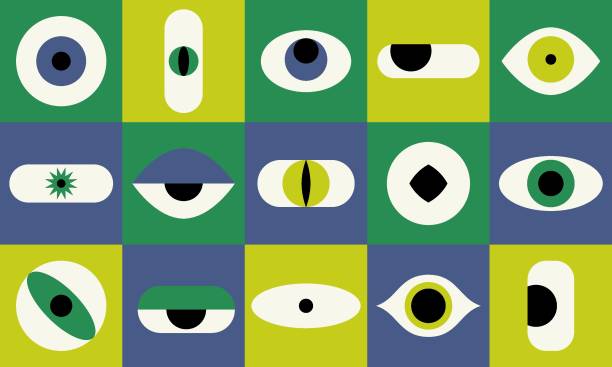 stockillustraties, clipart, cartoons en iconen met geometric design with eyes. modern abstract minimal tiles with eyeball shapes, trendy bauhaus simple elements for poster cover banner. vector background - oog