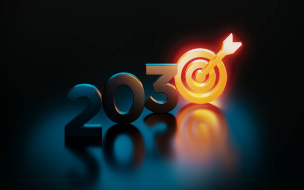 istock Sustainable Development Goals Concept - Orange Target Symbol Glowing Next To 2030 On Black Background 2183079239