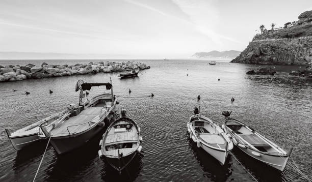 A serene black-and-white image of boats gently floating on the calm waters in front of Manarola, Italy. The scene captures the timeless beauty of the Mediterranean, with rocky breakwaters and the distant coastline framing the peaceful harbor. The monochrome tones emphasize the textures of the water and the rugged landscape, evoking a sense of calm and nostalgia.