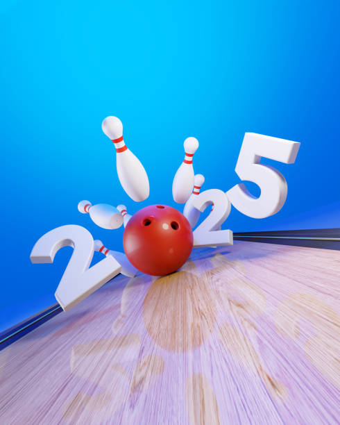 Bowling Concept - Bowling Ball Hitting Pins And 2025 In The Bowling Alley Red bowling ball hitting pins and 2025 in the bowling alley before blue background. Vertical composition with copy space. Bowling concept. bowling alley wood stock pictures, royalty-free photos & images
