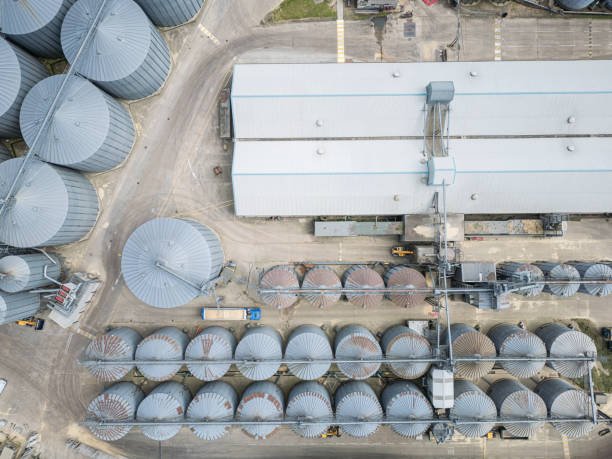 istock Aerial view of a typical British grain silo and storage facility. 2183083064