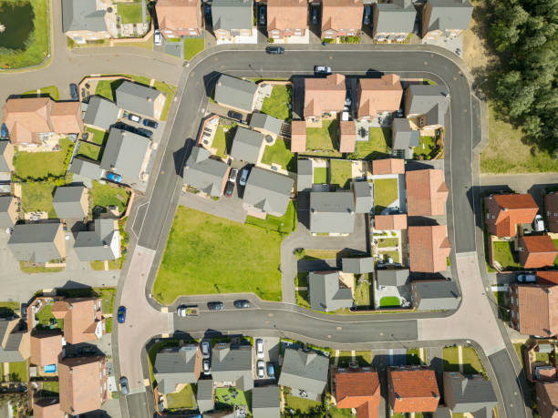 istock Aerial view of a typical British housing estate recently completed. 2183083203