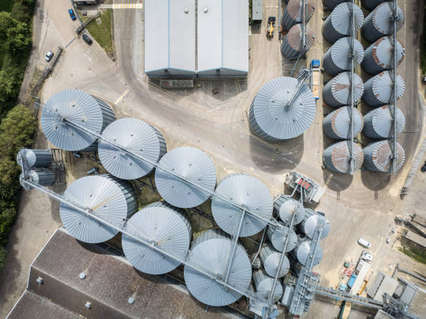 istock Aerial view of a typical British grain silo and storage facility. 2183083237