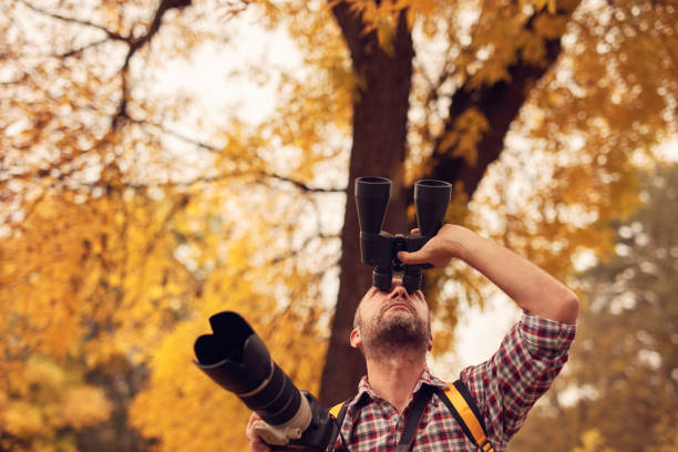 istock Man using binoculars and camera for bird and animal watching in nature. 2183084984