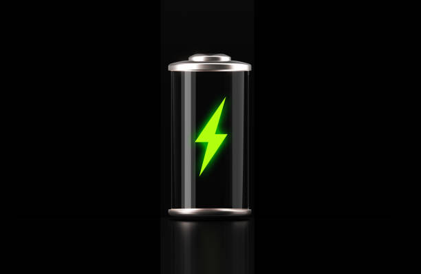 Green empty battery with charging symbol on black background. Horizontal composition with copy space. Battery life and charging concept,