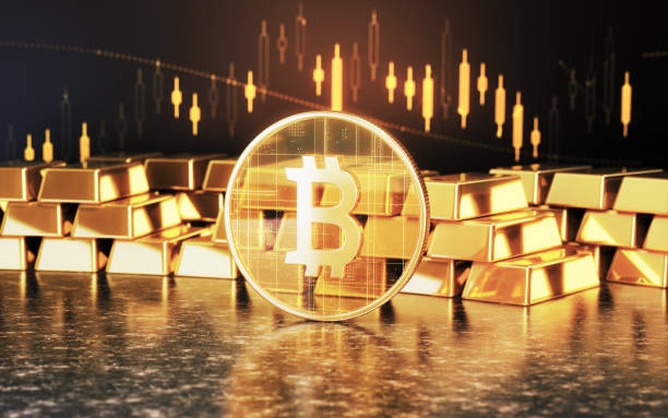 istock Gold Bars and Metal Shiny Bitcoin on Big Data Data Background 2183089643