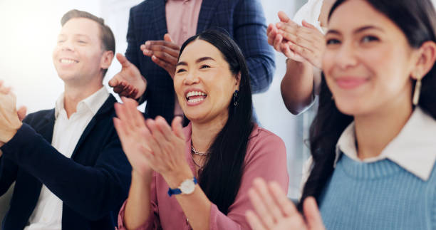 istock Group, applause and teamwork for celebration, workshop and success in meeting or achievement. Business people, happiness and audience with excited in workplace for winning, promotion and presentation 2183091281