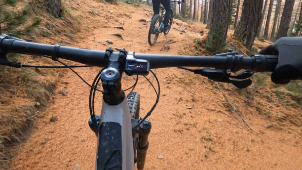 istock POV to mountain biker riding trail in autumn forest 2183097440