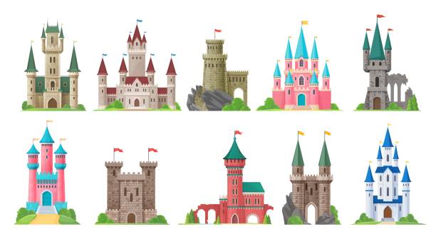 ilustrații de stoc cu castelul palatului regatului de desene animate, fortăreața de basm - palat