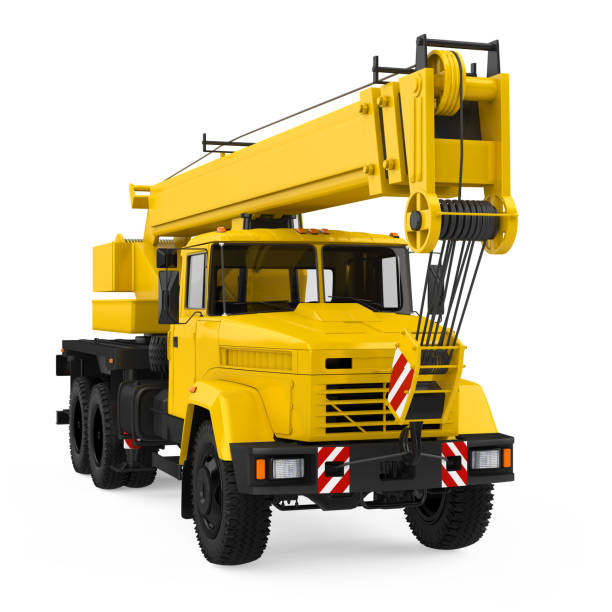 Truck with extended side outrigger stabilizer give support to mobile telescopic crane for scaffold