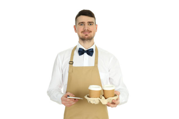 Young man waiter isolated on white background