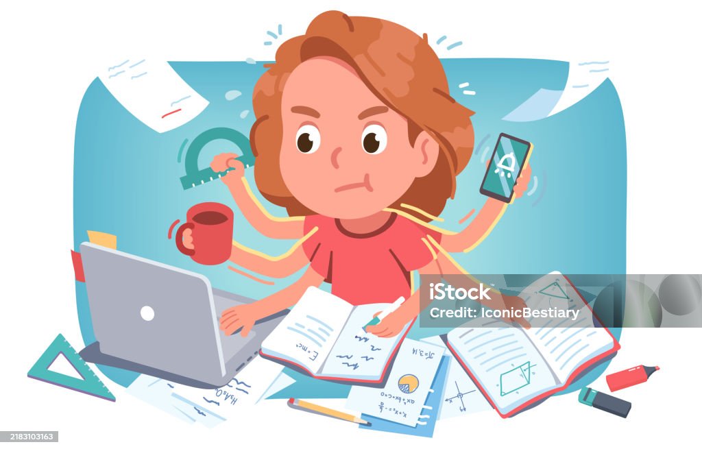 Stressed Image Homework Stressed Girl Kid Studying Hard Multitasking Using Computer Phone At ...