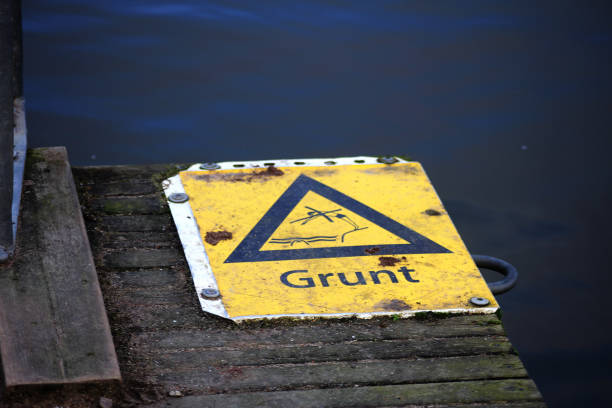 istock A sign by the water saying : shallow in Swedish 2183103366