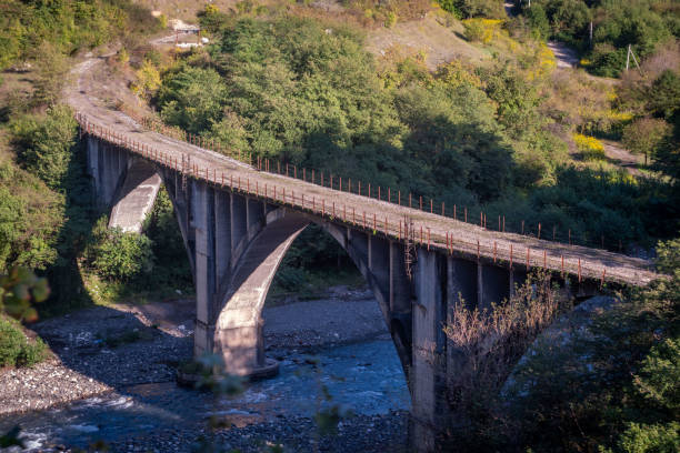 A bridge over a mountain river with high banks. High quality photo