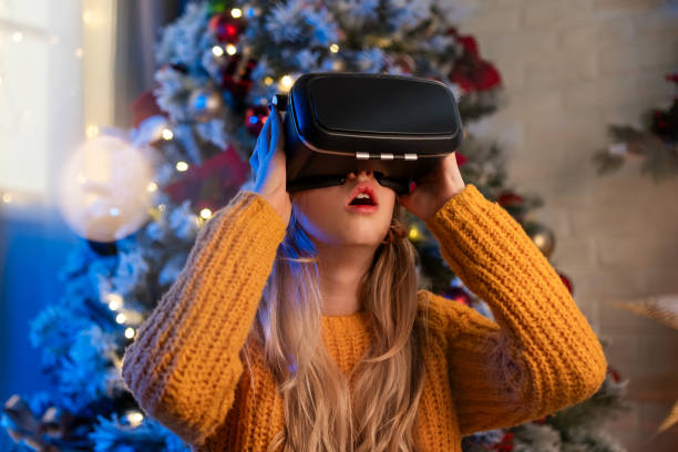 Girl using VR headset during Christmas holidays