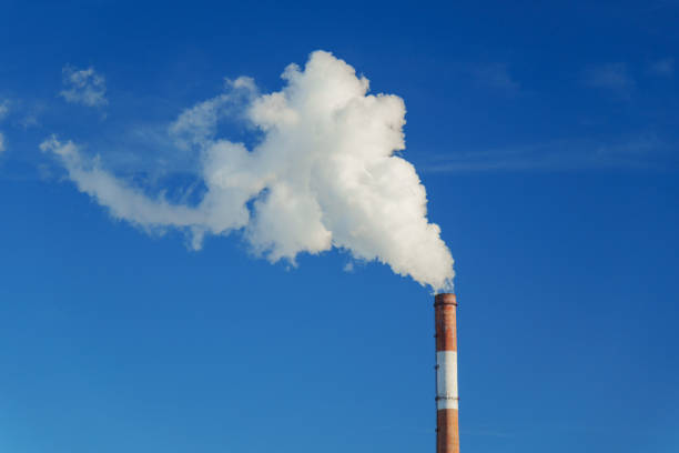 Large smokestack emits a billowing cloud of white smoke against a vibrant blue sky