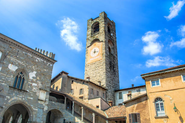 Bergamo, Lombardy, Italy - main square Piazza Vecchia Palazzo del Podesta tower