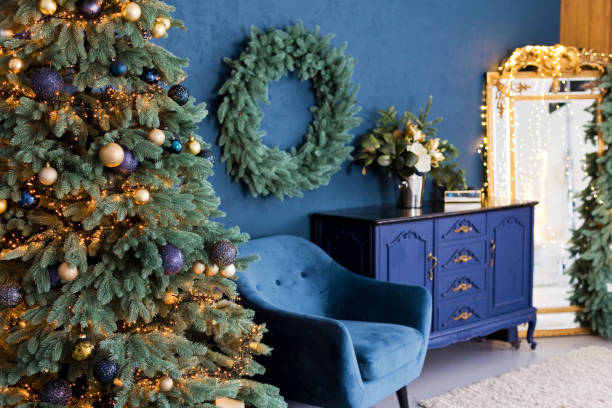 istock Christmas interior with blue armchair 2183132227