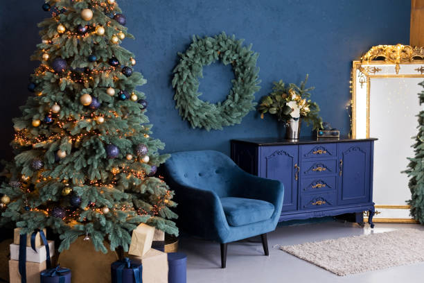 istock Christmas interior with blue armchair 2183132231