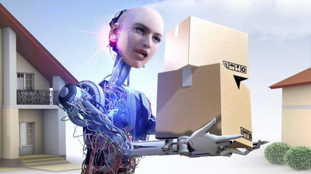 Cargo service technology of the near future: A robotic cargo delivery person comes to the door and delivers the boxes she holds in her hand to the owner by talking. / You can see the animation movie of this image from my iStock video portfolio. Video number: 2183122984