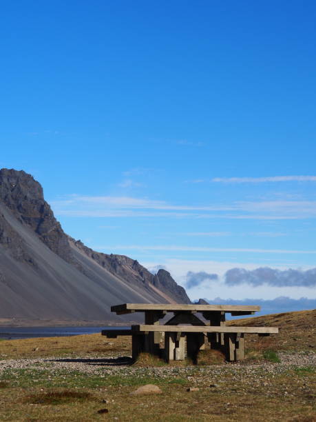 istock This image shows a rugged mountain with snowy peaks, a flat sandy and grassy foreground, stretching out to the calm ocean under a bright blue sky. 2183148256