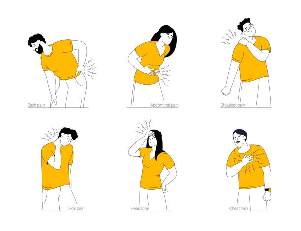 ilustraciones, imágenes clip art, dibujos animados e iconos de stock de concepto de localización del dolor - dolor de espalda