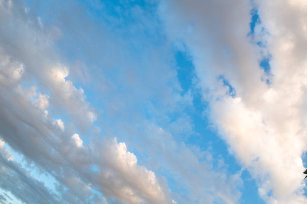 Blue Sky with Wispy Clouds at Sunset. This sky photo is perfect for backgrounds, themes of tranquility, nature, or freedom, and can be used in designs related to relaxation, inspiration or the outdoor