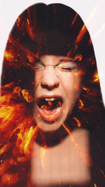 Furious portrait. Anxiety frustration. Chaos crisis burst. Glitter abstract firing flames in screaming lady silhouette double exposure.